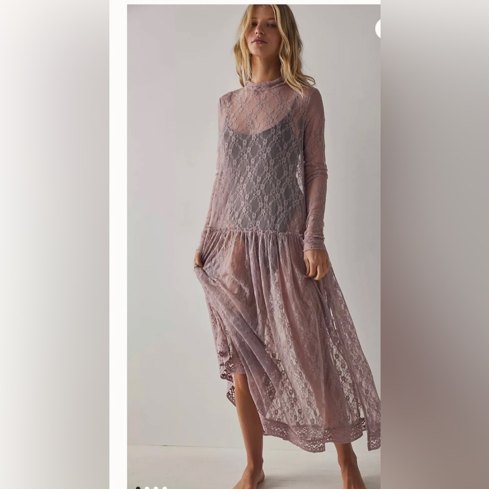Free People pink dusty rose mauve Simple Lace Touch Slip maxi dress size S
